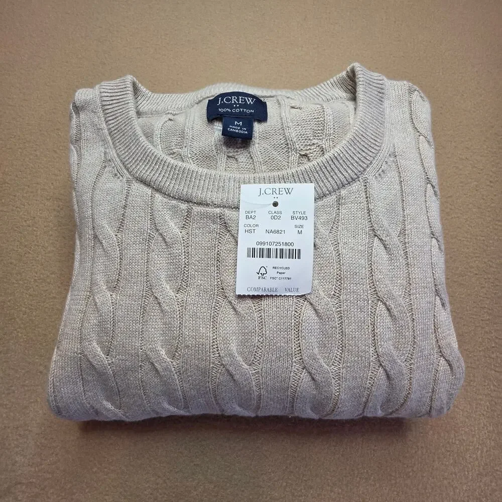 J.Crew Cotton Cable-Knit Crewneck Sweater Heather Stone (Cream) Sz Medium NWT